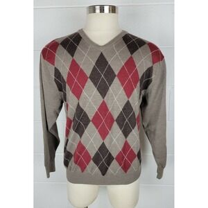 Mens‎ Pendleton Brown Red Argyle Merino Wool V Neck Sweater L